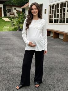 DAZY Floral Pattern Embroidered Loose Long Sleeve Crew Neck Casual Everyday Versatile Spring Autumn Maternity T-Shirt - White - View 2