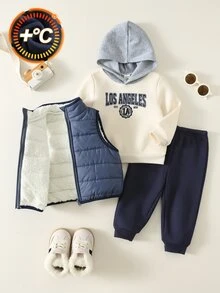 SHEIN 男嬰秋冬款高級加厚皇家藍抓絨填充背心與衛衣3件套，節日、萬聖節、聖誕禮物 - 寶藍色 - 查看 1