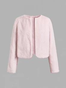 SHEIN 青少年女孩極簡風人造毛皮外套，適合派對與戶外穿著，秋冬款 - 淺粉色 - 查看 4