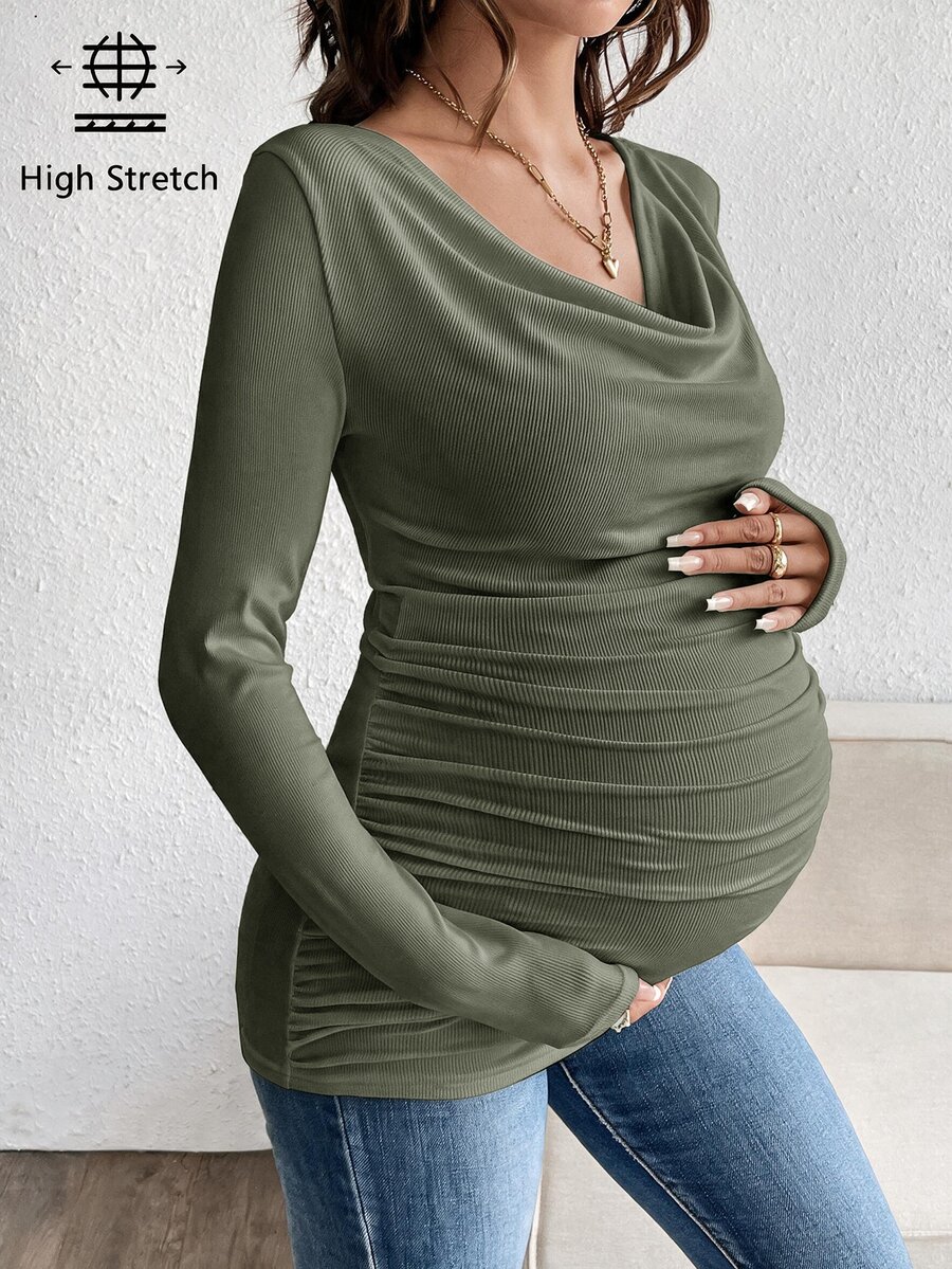SHEIN 孕婦純色長袖休閒修身上衣,適合日常穿著,秋季款 - 軍綠色 - 查看 1