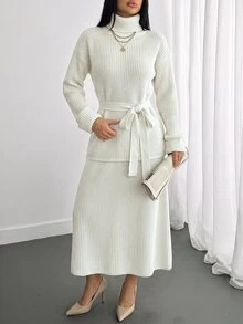 CLARA VERO Belted Turtleneck Knit Skirt Elegant Set - Beige - View 4
