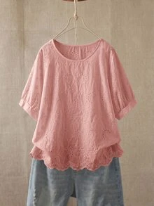Rusticease 大尺碼女款鏤空刺繡圓領短袖休閒襯衫 夏季上衣 春季鄉村風女裝 - 粉色 - 查看 7