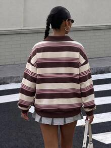 Muchica 女款秋季新款條紋半拉鍊 Polo 領夾克上衣，秋冬新款女款運動衫，彩色條紋印花半拉鍊運動衫，戶外度假穿搭 - 彩色 - 查看 2