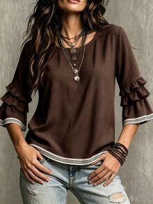 Glimmora Women's Summer Autumn New Contrast Color French Casual Loose Ruffle 3/4 Flare Sleeve Plus Size Blouse Fall - Brown - View 7