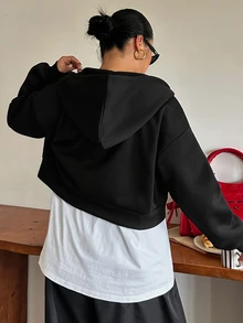 Dazy Plus Korean Style Hooded Short Fleece Sweatshirt Going Out Vacation Black Fall Casual Streetwear - Black - View 2