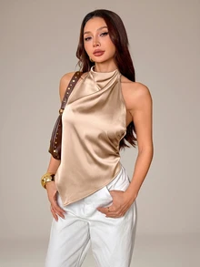 SHEIN PETITE 女款性感露背掛脖上衣，優雅適合派對之夜、通勤與度假，夏季上衣，適合嬌小女性，棕色 - 卡其色 - 查看 5
