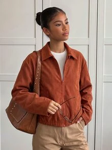 SHEIN Sparklyn 青少年女孩長袖抓絨秋季休閒日常穿搭 高質感校園通勤 Ins風 百搭 PU皮革翻領寬鬆夾克外套 - 棕色 - 查看 1