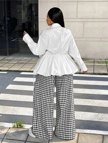 Maweii Plus Size Women's Tie Waist Puff Hem Blouse With Contrast Color Plaid Collar And Tie 2 Pieces Set Fall Party Formal White Casual Elegant - Multicolor - View 2