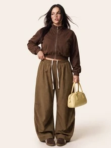 Comfortcana Plus Size Women's Drawstring Waist Plaid Wide Leg Loose Casual Long Pants - Brown - View 7