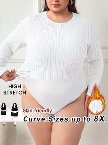 SHEIN CURVE+ Plus Size Women Solid Color Casual Versatile Daily Wear Long Sleeve Bodysuit Winter - White - View 1