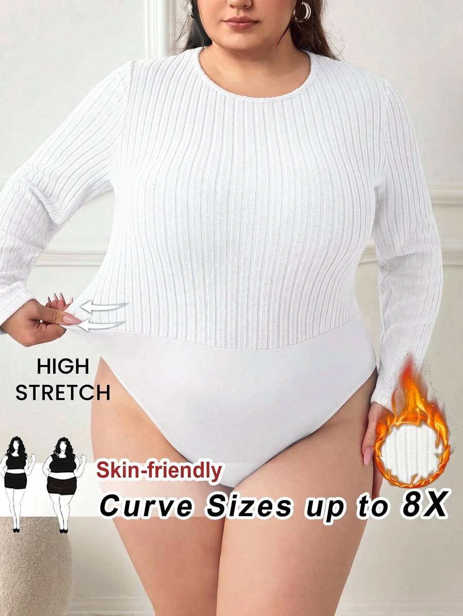SHEIN CURVE+ Plus Size Women Solid Color Casual Versatile Daily Wear Long Sleeve Bodysuit Winter - White - View 1