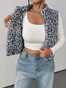 SHEIN EZwear 大尺碼牛紋短版夾克，秋冬牛仔女裝背心 牛紋背心 西部風背心 人造毛背心 - 深灰色 - 查看 3