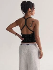 StreetHx 女款無縫豹紋瑜伽運動內衣，無鋼圈健身運動休閒上衣，交叉式運動背心，跑步內衣健身房棕色夏季款 - 黑色 - 查看 4