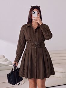 Solflare Đầm size lớn phong cách vintage phối màu khối sọc, khóa kim loại - màu nâu - Xem 4