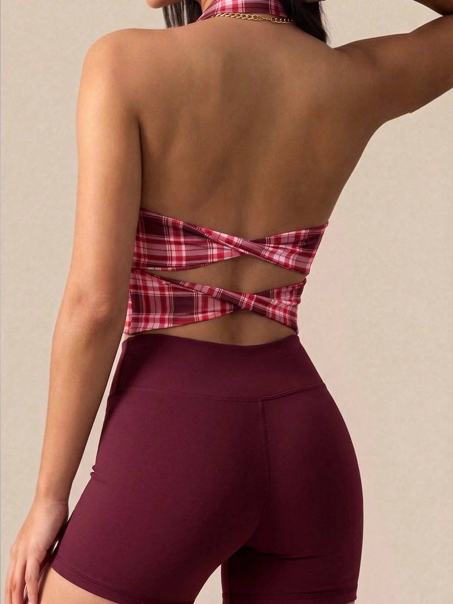 SHEIN BAE Women's Colorblock Casual Daily Halter Neck Sports Romper - Burgundy - View 1