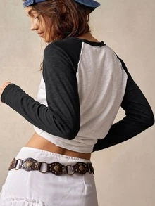 Bohemela Plus Size Women's Colorblock Casual Versatile Long Sleeve T-Shirt For Daily Wear Fall - Black and White - View 4