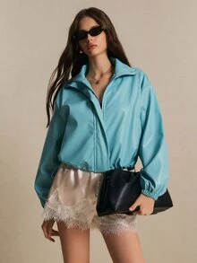 Poéselle Áo khoác nữ cổ phễu tay dài màu xanh nhạt trơn, phong cách thường ngày đường phố đa năng, thời trang thu, phù hợp mặc hằng ngày và du lịch - Màu xanh bạc hà - Xem 7
