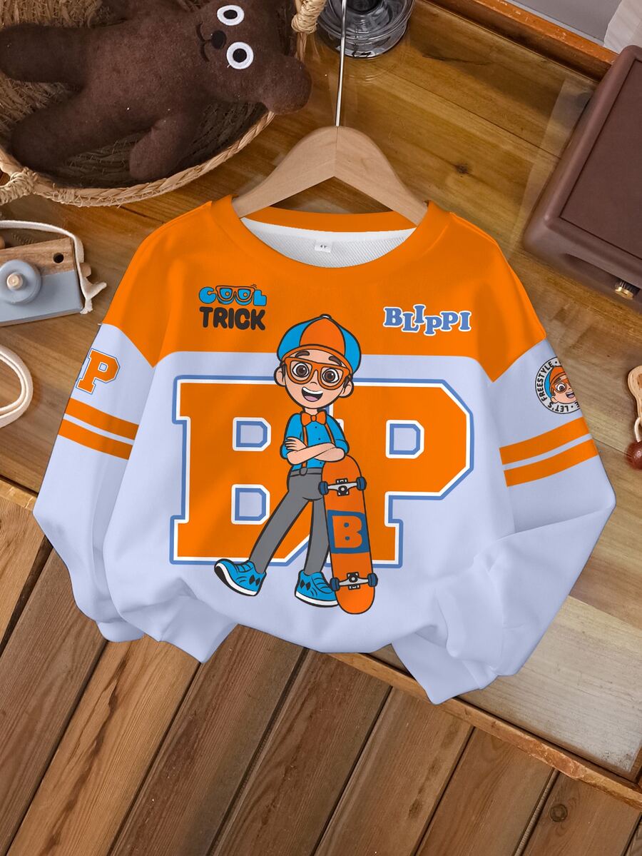 Blippi X SHEIN 小男孩字母卡通印花休閒日常長袖運動衫 - 白色 - 查看 1