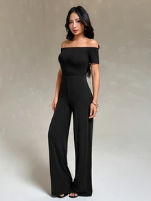 SHEIN PETITE Elegant Women's Off-Shoulder Fitted Jumpsuit - Black - View 6