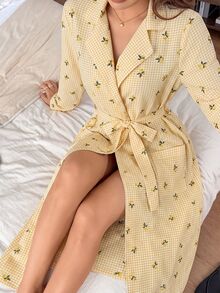 Napfluff Women's Long Sleeve Lemon Plaid Print Robe With Collar And Belt - Multicolor - View 6