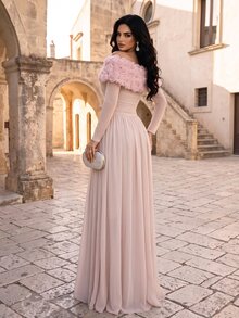 Coutiva Women's Cold Shoulder Floral Decor Craft Fitted Romantic Sweet Maxi Dress - Baby Pink - View 2