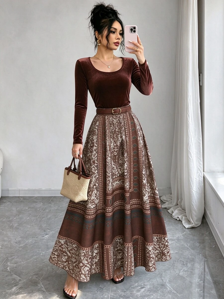 Elenzga Setelan 2 Potong Wanita Model Baru Warna Cokelat, Leher Persegi, Motif Cetak, Lapisan Dasar Pas Badan, Gaya Retro, Santai, Akhir Pekan, Liburan, dan Perjalanan - Coklat - View 1