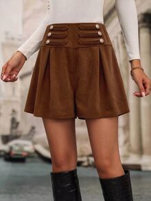 SHEIN Clasi Solid Cord Button Detail Fold Pleated Shorts - Brown - View 4
