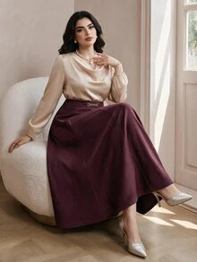 Solavon Plus High Waist Chain Detail Skirt - Burgundy - View 3