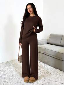 SHEIN PETITE 女款純色圓領長袖毛衣與長褲休閒套裝，標準版型，秋冬小碼居家室內度假咖啡棕 - 巧克力棕 - 查看 8