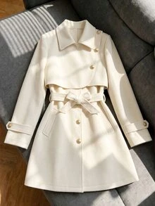 SHEIN Mantel Lengan Panjang dengan Ikat Pinggang untuk Anak Perempuan, Cocok untuk Musim Gugur/Dingin, Liburan, Kasual. - Krem - View 5