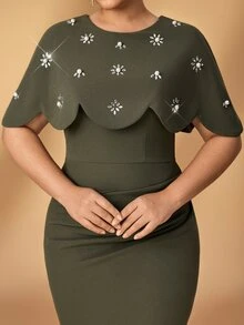 Serin Plus Size Elegant Romantic Minimalist Dark Green Round Cape 2 In 1 Computer Beaded Rhinestone Pleated Fitted Mermaid Wedding Event Ball Vacation Bridal Mother Evening Gown - Green - View 7