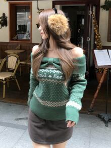 DAZY Women's Letter Pattern One Shoulder Long Sleeve Sweater - Green - View 3