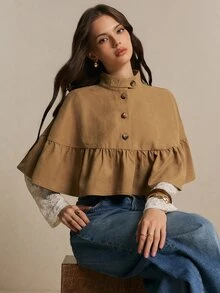 Poéselle Women's Camel Ruffle-Hem Cape Blouse – Stand-Collar Button-Front Cropped Poncho Top Winter Jacket Casual Blouses Y2k Going Out Tops Halloween Costume - Khaki - View 1