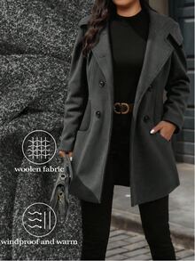 SHEIN LUNE CURVE Plus Double Breasted Hooded Overcoat - Black - View 1