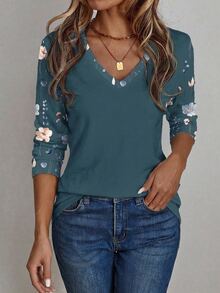 EMERY ROSE Women's Patchwork Floral Print V-Neck Long Sleeve Casual T-Shirt - Multicolor - View 1