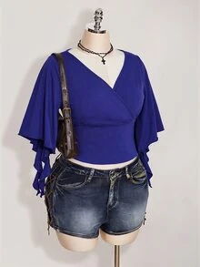 SHEIN ICON 女款大尺碼黑色夏季哥德風性感夜店約會派對夜店 T-shirt，復古優雅 V 領荷葉袖修身 Y2K 風格 - 寶藍色 - 查看 6