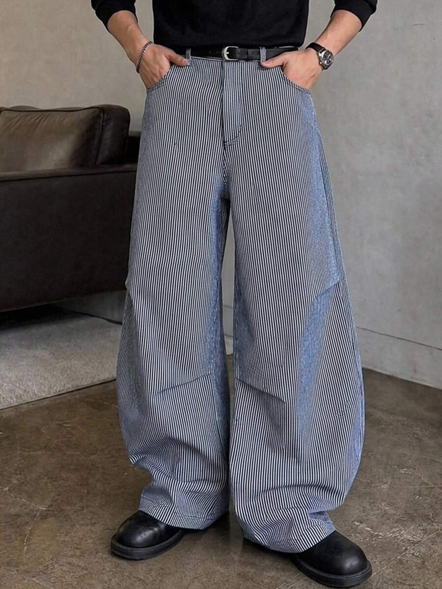DAZY Spring/Autumn Blue Striped Denim Washed Distressed Pleated Hem Elastic Adjustable Button Phone Pocket Curved Leg Loose Fit Men's Jeans - Blue - View 1