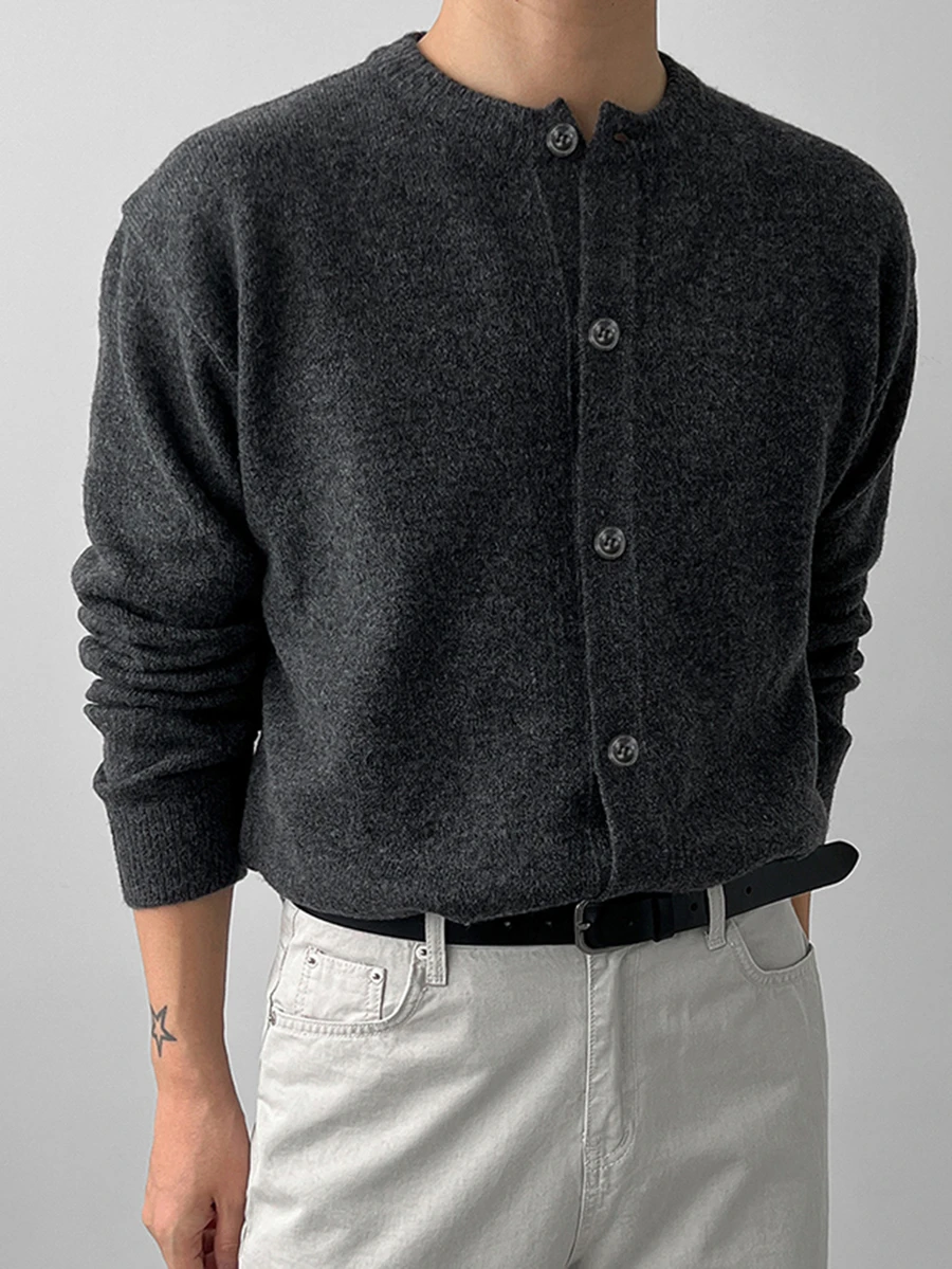 DAZY Men's Collarless Long Sleeve Dark Grey Cardigan, Autumn/Winter - Dark Grey - View 1