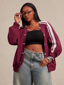 SHEIN SXY Plus Size Women's Colorblock Casual Daily Long Sleeve Jacket - Rose Red - View 5