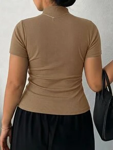 Dazy Plus Elastic Fitted Knit Casual High Neck Base Layer Short Sleeve Black Spring Summer Autumn Pullover T-Shirt - Camel - View 3