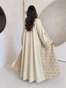 Yasmyna Elegant Luxurious Heavy Embroidery Long Robe With V-Neck Front Tie And Patchwork Cuffs Women's Arabic Abaya - Apricot - View 3