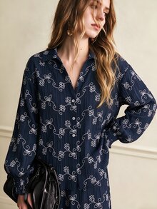 Écloséra Women's Spring/Autumn 2 Pieces Set, Loose Collar Printed Shirt With Layered Maxi Skirt, Vintage Bohemian Floral Print, Suitable For Daily Commute, Travel And Gatherings - Navy Blue - View 6
