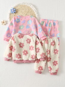 Cozy Pixies 女嬰 4件組可愛舒適百搭花卉圖案毛絨布料長袖上衣與長褲家居服套裝 - 彩色 - 查看 2