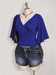 SHEIN ICON 女款大尺碼黑色夏季哥德風性感夜店約會派對夜店 T-shirt，復古優雅 V 領荷葉袖修身 Y2K 風格 - 寶藍色 - 查看 5