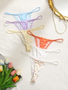 SHEIN 5件裝蕾絲拼接蝴蝶結低腰女款丁字褲 - 彩色 - 查看 2