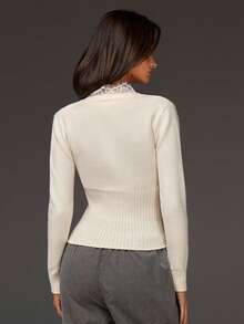 Athîral Women's Lace Patchwork Casual Daily Long Sleeve Sweater - Beige - View 2