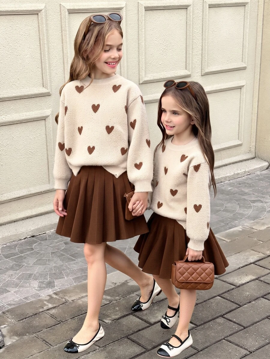 SHEIN Tween Girl Heart Pattern Drop Shoulder Sweater And Solid Brown Pleated Skirt 2pcs Set,Back-To-School Casual School Outfit For Autumn Winter - Apricot - View 1