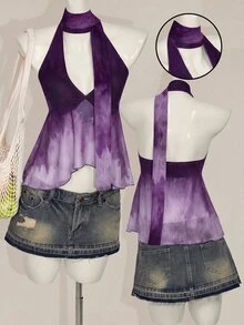 SHEIN ICON Y2K 夏季女款 V 領波西米亞海灘度假嘻皮風夏威夷娃娃裙式飄逸掛脖印花漸層青色背心上衣 - 紫色 - 查看 2