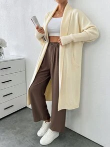 SHEIN كارديجان نسائي ماكسي فضفاض كاجوال بتصميم بسيط - لون مشمشي - مشاهدة 5