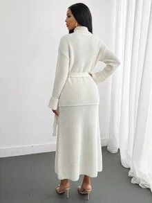 CLARA VERO Belted Turtleneck Knit Skirt Elegant Set - Beige - View 2